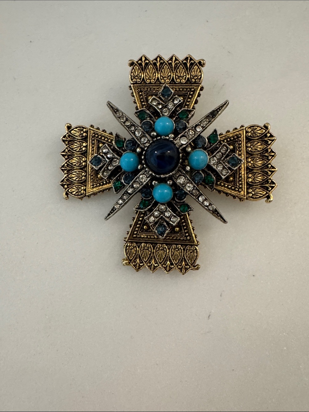 Arthur PepperGold-Tone Cross Brooch with Blue and Turquoise Accents